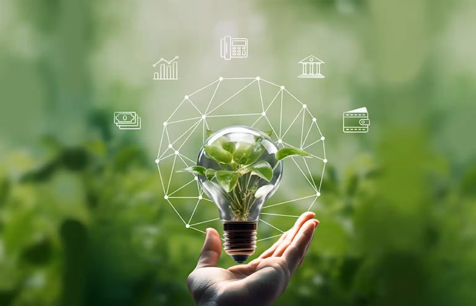 A hand holding a light bulb with a plant inside