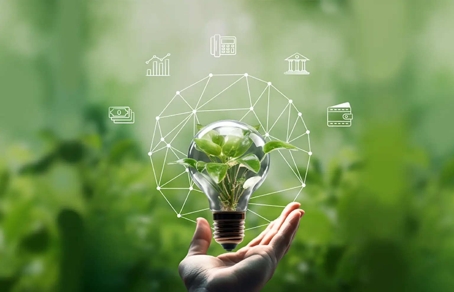 A hand holding a light bulb with a plant inside